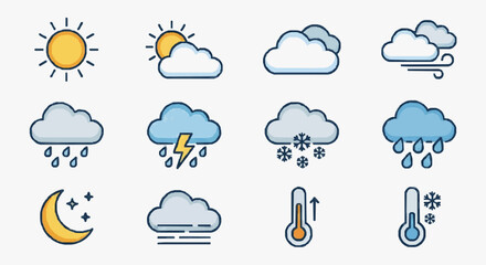 Obraz premium Minimalist Colorful Weather Icons Set Simple Sun Cloud Rain Snow Storm and Thermometer Illustrations