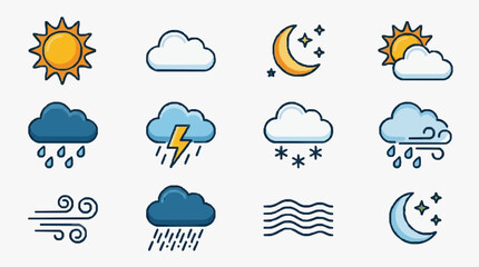 Obraz premium Sleek Colorful Weather Icons Set Featuring Sunny Cloudy Stormy Snowy and Nighttime Scenes in Flat Design