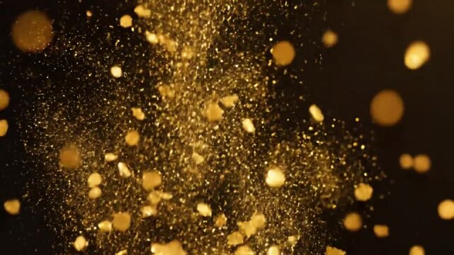 Luxurious gold glitter particles floating and sparkling on a dark black background ideal for celebrations