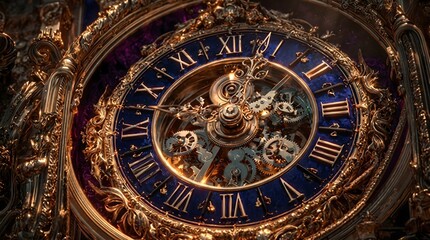Obraz premium Intricate golden clock with blue face and roman numerals on ornate frame closeup