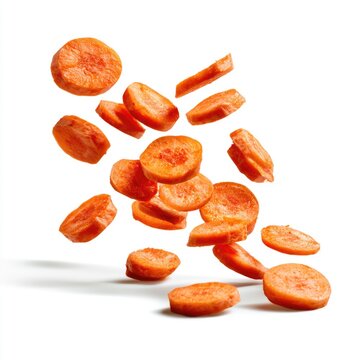 Sliced carrot pieces appear to be floating or falling against a white background, highlighting their vibrant orange color and texture.