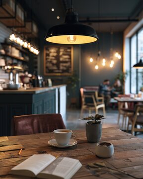 Cozy cafe interior with warm lighting, a cup of coffee, an open book, and a small potted plant on a wooden table in a relaxed atmosphere.