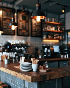 Cozy coffee shop interior with wooden counter, hanging lights, stacked plates, and a blurred menu board in the background.
