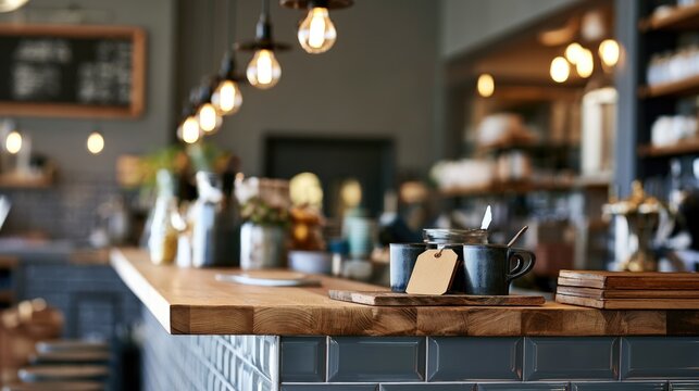 Cozy coffee shop counter with warm lighting, cups, and rustic decor creating an inviting atmosphere.