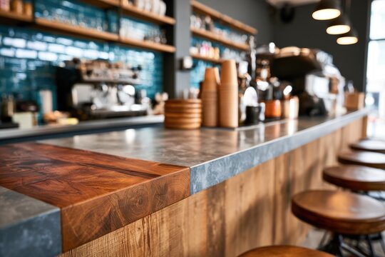 Modern coffee shop counter with wooden stools, concrete countertop, and shelves stocked with cups and coffee-making equipment in a cozy, stylish setting.