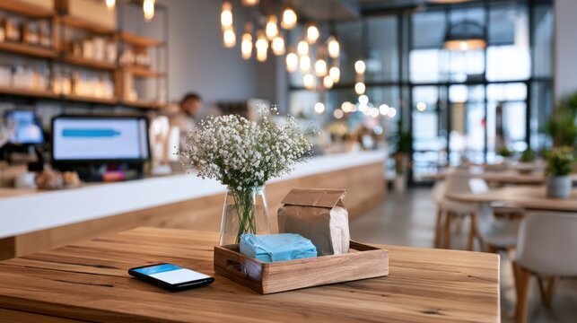 A cozy cafe table features a wooden tray with flowers, snacks, and a smartphone, with a softly lit modern cafe interior in the background.