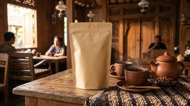 Blank Brown Kraft Paper Pouch Mockup Displayed on a Rustic Wooden Table in a Traditional Javanese Coffee House Setting