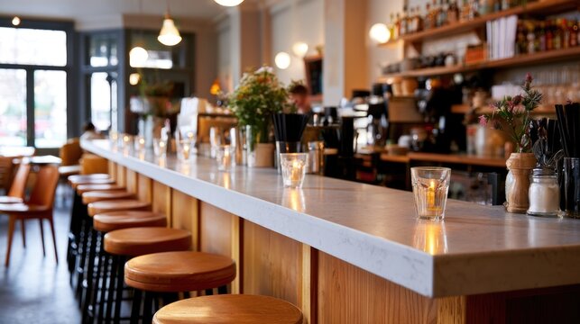 A cozy bar interior with wooden stools, a marble countertop, warm lighting, and shelves stocked with bottles and glasses.