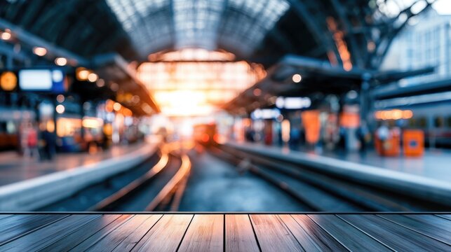 A blurred image of a modern train station interior with glowing lights and empty tracks viewed from a wooden platform.