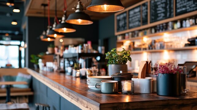 Cozy modern cafe bar with warm lighting, wooden countertop, plants, and chalkboard menus in the background.