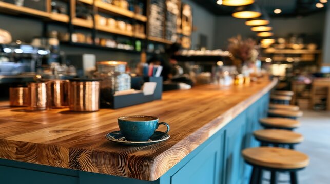 A cozy coffee shop interior with a long wooden counter, bar stools, and warm lighting creating a welcoming atmosphere.