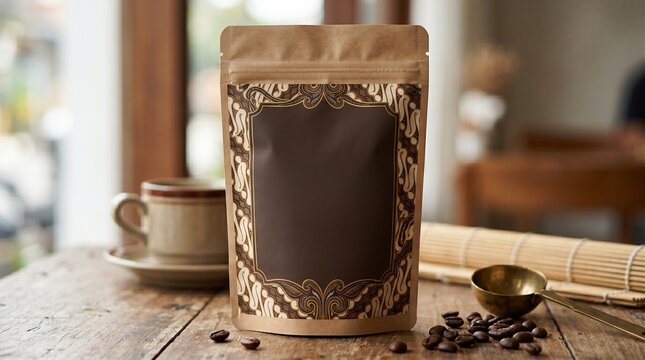 Brown coffee pouch mockup on rustic wooden table with beans and ceramic cup in a cafe setting