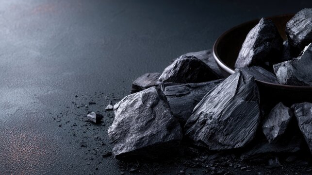 Black coal chunks piled in a dark bowl, scattered on a textured dark surface, highlighting the rough, matte textures and shadows.
