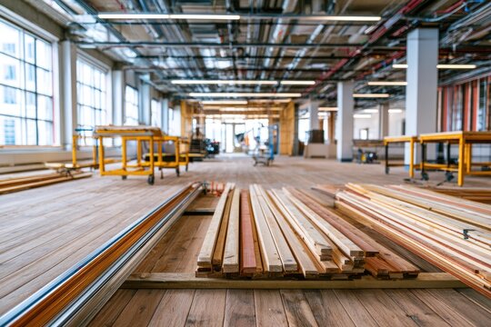 An unfinished interior space with wooden planks and metal beams, highlighting construction and renovation in progress.