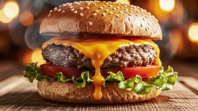 Close-up of beef cheeseburger with melted cheddar, grilled patty, tomato, and lettuce on toasted sesame bun. Steaming fresh food on wooden surface with warm bokeh lighting.