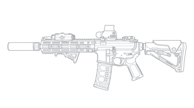 Tactical rifle with suppressor and optics technical line art