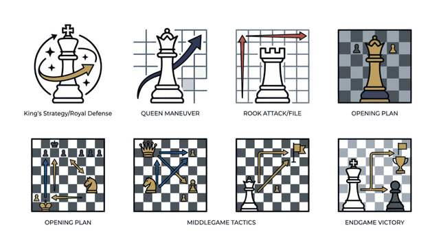 Chess game strategy icons including opening and endgame tactics