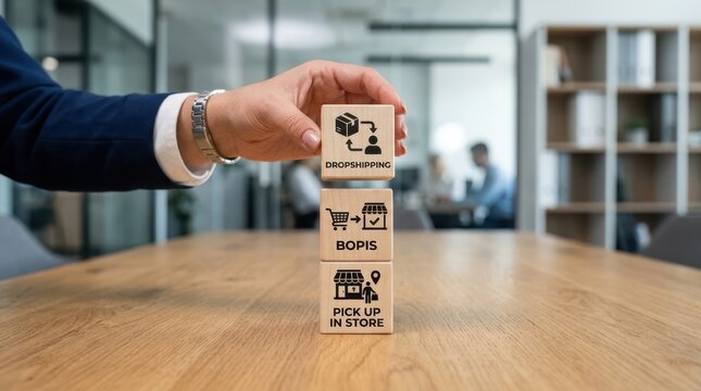 Businessman holding blocks with ecommerce logistics terms on office table