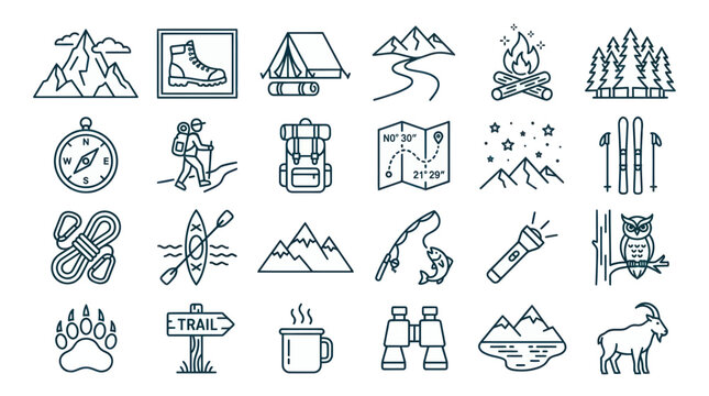 Outdoor adventure and camping equipment line icon set