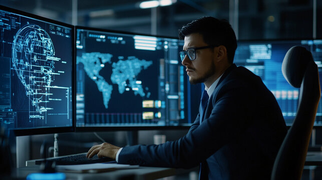 Technology professional monitoring AI agent dashboards and automated workflows in modern dark office