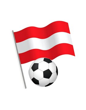 A soccer ball rests in front of a fluttering flag, displaying a red and white horizontal tricolor with a silver pole