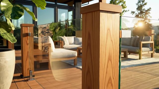 Modern outdoor wooden deck featuring a sleek glass railing with timber posts, outdoor lounge area with a sectional sofa, coffee table, and a large potted fiddle leaf fig plant.