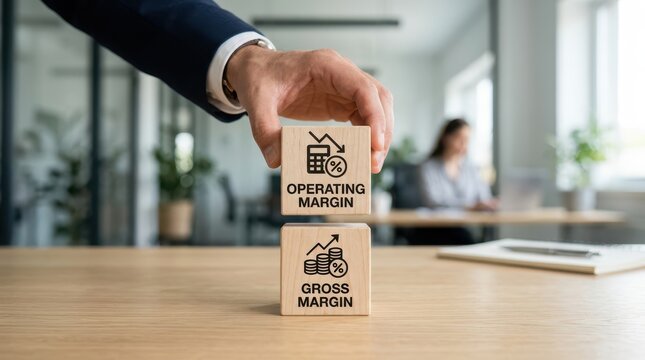 Businessman holding wooden block with operating margin and gross margin concept in office