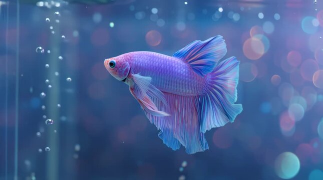 Pastel Betta Fish Swimming in Dreamy Aquarium with Soft Bokeh Lights