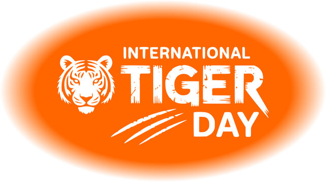 International Tiger Day vector template with a white tiger head icon, scratched text typography, and sharp claw marks on an orange background for global wildlife conservation.