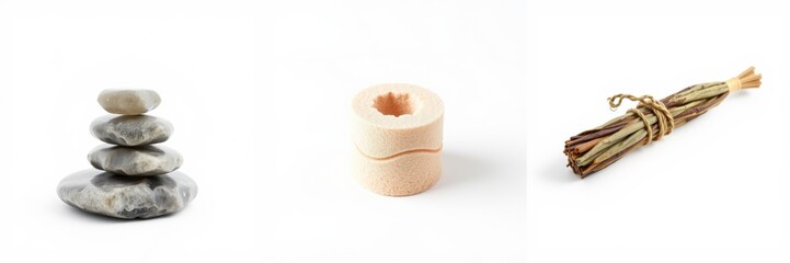 Fototapeta premium Stacked stones, candle, whisk. Minimalist composition, neutral background, spa elements, relaxation theme, simple objects.