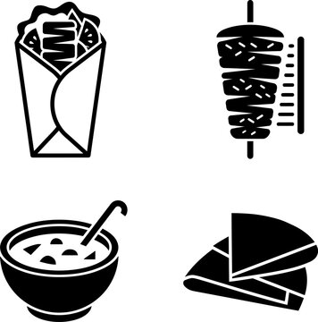 Four stylized black food icons including a wrapped sandwich a vertical rotisserie soup in a bowl and a folded flatbread on white