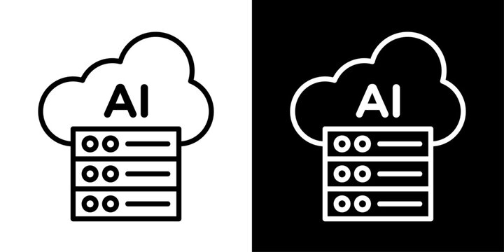 AI hosting icon in outline style featuring cloud and server elements with artificial intelligence representing cloud hosting, server infrastructure, web services, and intelligent computing.