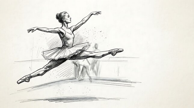 Ballerina performing a grand jete jump in a pencil sketch