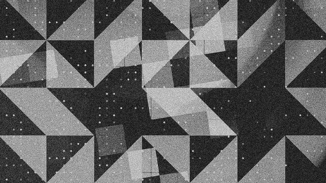 Abstract geometric design with gray triangles and white dots, textured with a grainy overlay, textured background 4k.