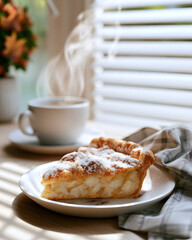 Freshly Baked Slice of Apple Pie with Cinnamon Dusting and Steam Rising on Cozy Kitchen Table © Thisisbest