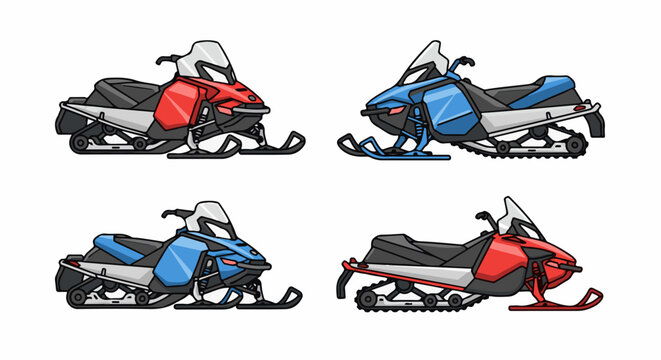 Colorful snowmobiles on white background.