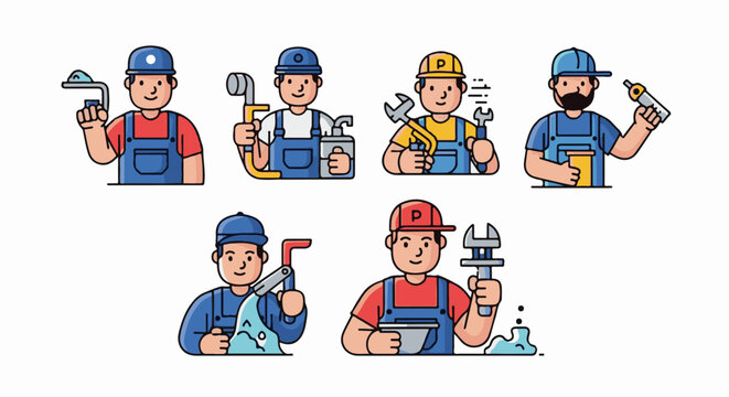 A set of seven smiling plumbers with various tools