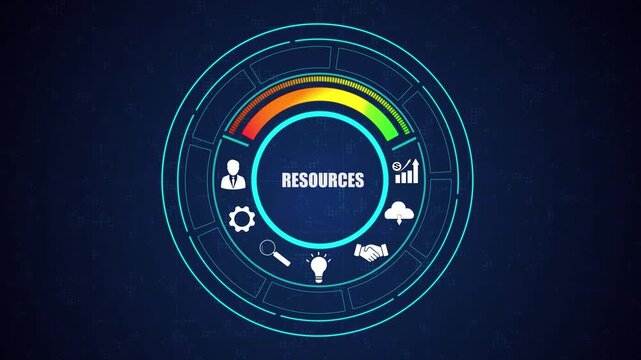 Abstract futuristic resources HUD interface animation, digital business management concept background, high tech data analysis graphics with icons.
