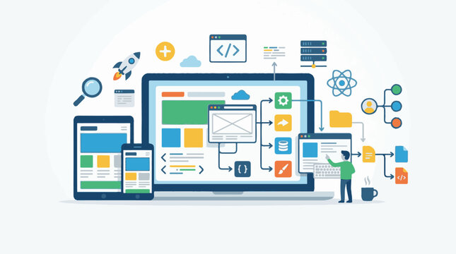 A colorful illustration of web development process on devices