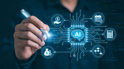 Obraz premium Man using pen on digital artificial intelligence brain chip interface