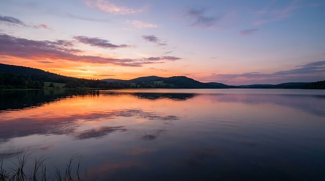 Peaceful sunset reflection on a calm lake with silhouetted hills