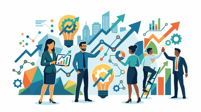 A colorful illustration of business professionals analyzing data and growth charts (1)