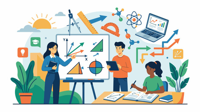 A colorful graphic illustration of three students collaborating on a presentation in a classroom