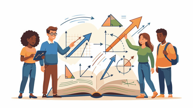 A colorful illustration of four students standing around an open book with mathematical symbols and graphs floating abov
