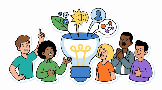 Diverse group of people with lightbulb.