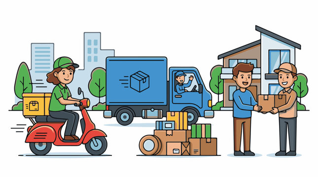 Delivery men with boxes and vehicles.