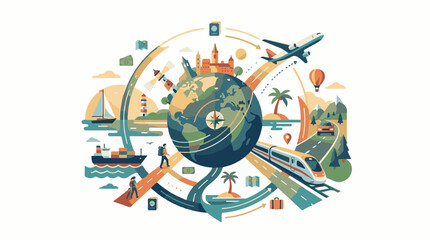 Fototapeta premium A colorful illustration of a globe surrounded by various travel-related icons and modes of transportation