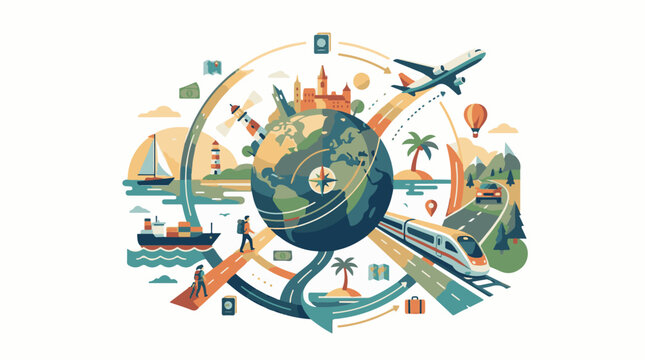 A colorful illustration of a globe surrounded by various travel-related icons and modes of transportation