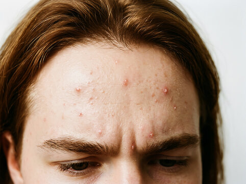 Close up of young man's forehead with acne blemishes and brown hair skin texture