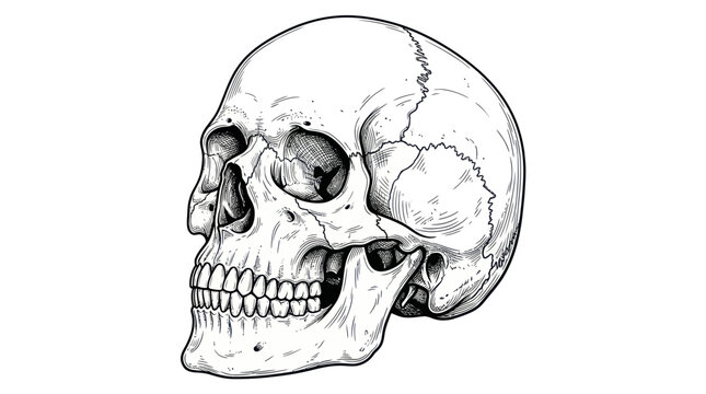 Hand-drawn human skull, black and white illustration, side view, anatomical detail